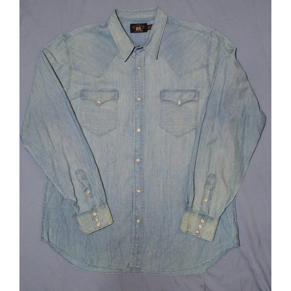Vtg RRL Ralph Lauren Cotton Concho & Snap Boot Stitch Indigo Denim Shirt XXL